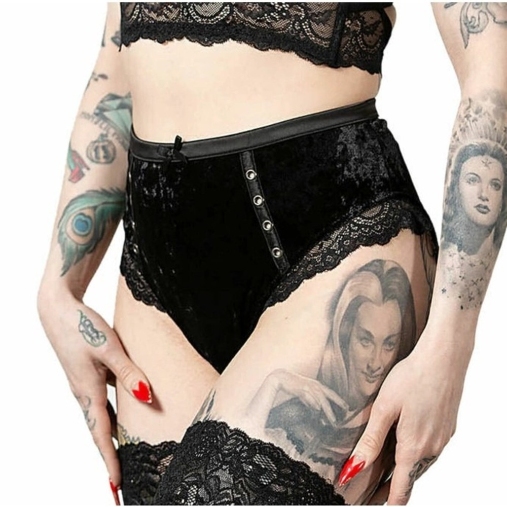 Killstar Mery Lace Panty Black Crushed Velvet Grommet High Waist Small